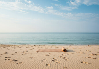 rolled-up yoga mat on a sandy beach by a calm ocean