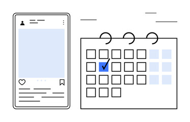 Smartphone with social media post interface beside a calendar marked with a checked date for task completion. Ideal for digital marketing, content management, productivity, planning, organization
