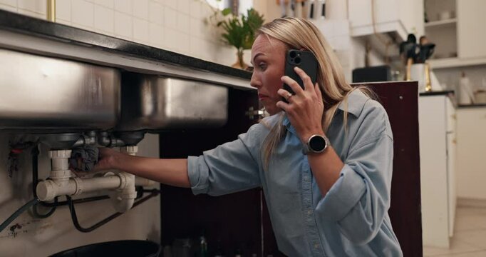 Emergency, leak and phone call with woman in kitchen of home for assistance, help or service. Communication, pipes and plumbing with person in apartment for conversation, maintenance or repair