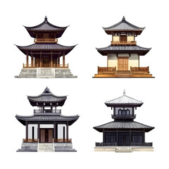 Four Asian Temples Illustration, Isolated Background