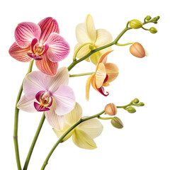 Elegant vector illustration of orchid flowers in pink, cream, and peach tones with buds on green stems – perfect for luxury floral decor, wedding invitation design, botanical prints, and tropical-them