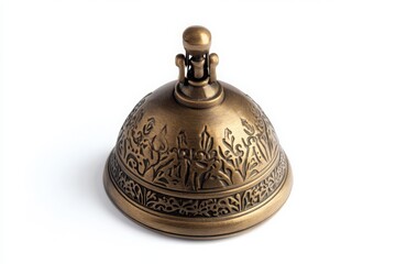 Ornate bronze bell close up shot on white background