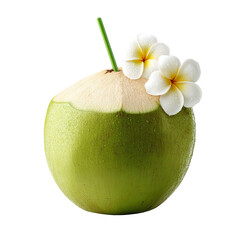 Young coconut drink with straw and plumeria flower, tropical young coconut drink for refreshing visuals, premium young coconut drink with tropical flower styling