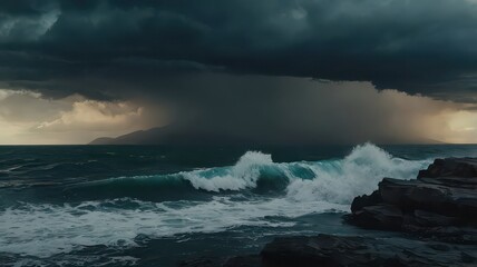 Fototapeta premium A stormy ocean view with large waves crashing near rocky shore and dark clouds above the horizon