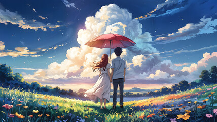 Romantic Anime Couple in Flower Field with Red Umbrella

