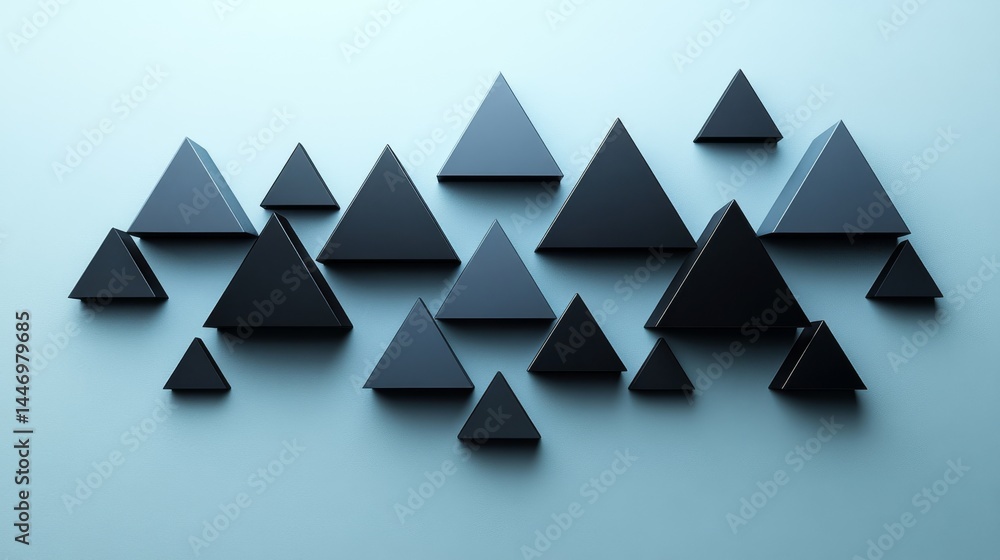 Poster arrangement of 3d black triangles on a blue-gray surface creating a modern and abstract geometric co