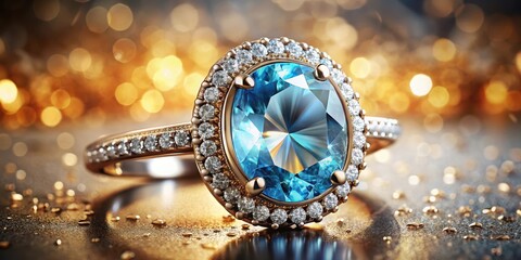 Fototapeta premium Elegant ring featuring a large topaz stone set amidst a halo of sparkling diamonds in a ornate metal setting, diamond