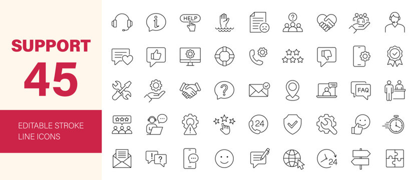 Support icon set. Containing customer service, help, call center, hotline, feedback, response, helpline, assistance, technical support and more. Editable line icons. Vector illustration.