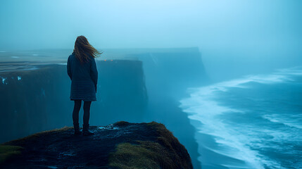 Solo traveler standing on cliff near ocean