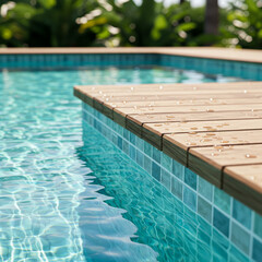 crystal-clear turquoise water in a refreshing outdoor pool with a wooden deck