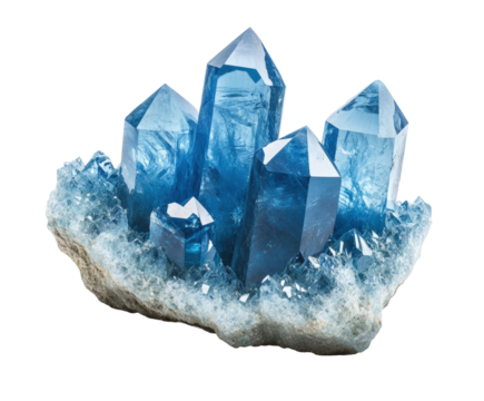 Blue crystal formation in natural environment gemstone display isolated on transparent background