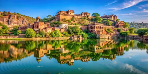 Obraz premium Serene reflection of Kund water body at Ranthambore Fort, surrounded by lush greenery and majestic architecture under a vast blue sky, ranthambore fort, nature photography