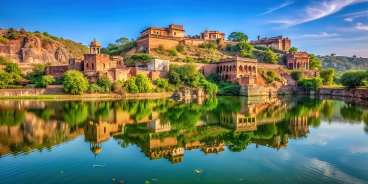 Serene reflection of Kund water body at Ranthambore Fort, surrounded by lush greenery and majestic architecture under a vast blue sky, ranthambore fort, nature photography