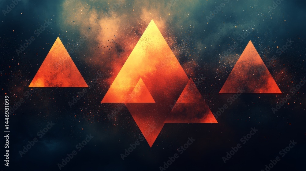 Poster abstract pyramids floating in nebula dust with orange and yellow hues creating a surreal cosmic artw