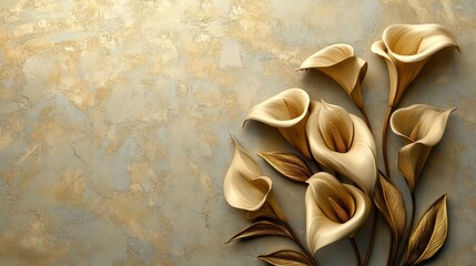 Golden Calla Lilies with Stucco Stems and Leaves An elegant 3D floral background. Elegant 3D Floral Background Featuring Golden Calla Lilies with Stucco Stems and Leaves.
