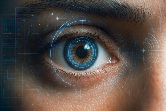 Extreme close-up of human eye with scanning interface