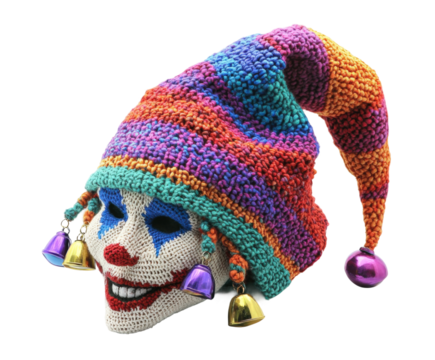 Colorful knitted clown mask creative isolated on transparent background