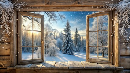 Fototapeta premium A tranquil snowy forest landscape visible through a wooden cottage window, with bare branches and snowflakes gently falling on the frozen ground, winter view, frozen ground