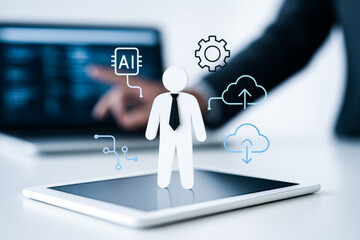 Conceptual ai data technology illustration showing business figure with digital icons representing modern technology and innovation