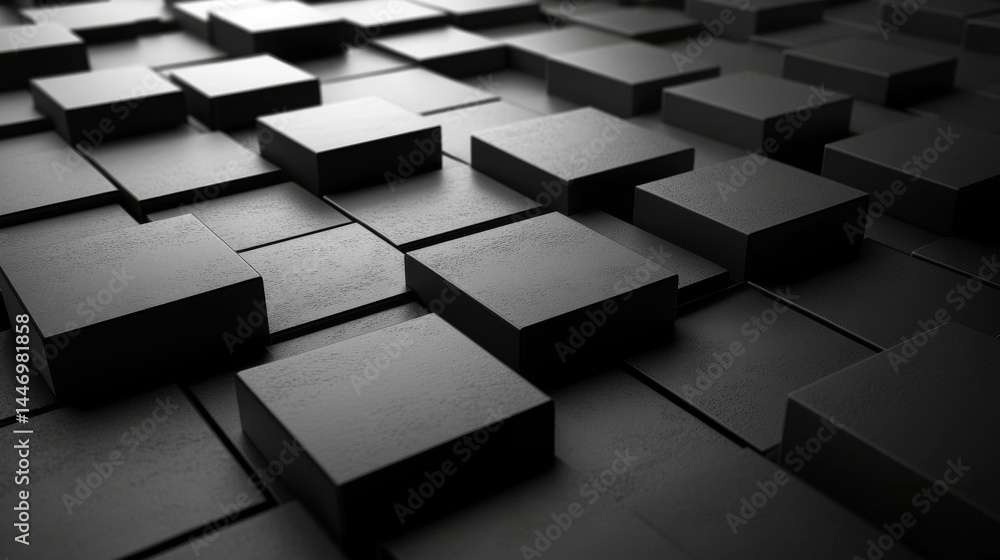 Poster monochromatic geometric landscape of rising blocks: an array of elevated squares with textured surfa