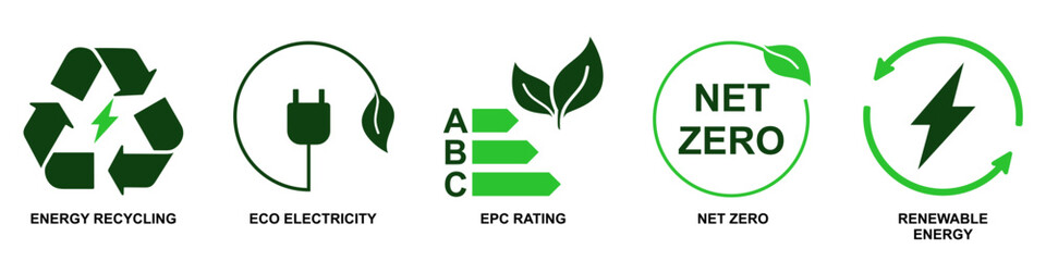 Set of green energy icons vector for eco concepts, renewable power, and sustainable solutions. Ideal for environmental conservation projects, eco education, and clean energy initiatives.