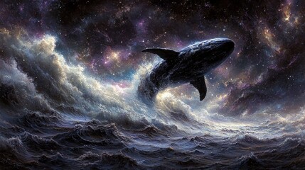 Majestic cosmic whale breaching through nebulous clouds, a surreal interstellar artwork blending marine mammal with deep space celestial wonder
