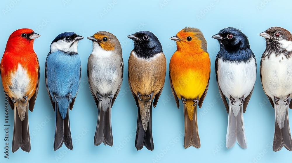 Poster vibrant array of small songbirds perched in a row against a serene light blue backdrop displaying a 