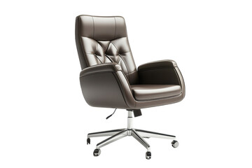 Naklejka premium 3D rendering of a stylish brown leather office chair, highlighting its design elements and ergonomic features. The chair is shown in a side view with a clean background.