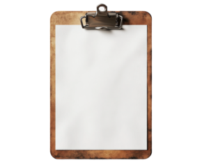 Clipboard with blank paper for business notes office view isolated on transparent background
