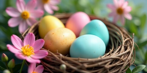 Close-up of pastel colored eggs in a nest with spring flowers, colorful, decoration