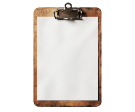 Clipboard with blank paper for business notes office view isolated on transparent background