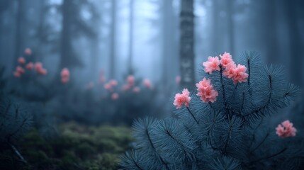 Obraz premium Misty forest with pink flowers