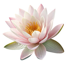 Realistic pink water lotus flower  with soft layered petals, yellow center, and dew drops on leaves perfect for meditation artwork, spa branding, botanical decor, yoga designs and nature  illustration