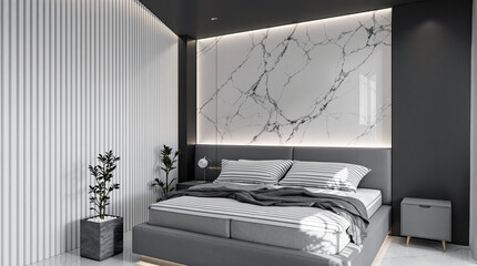 modern gray platform bedroom with marble accent wall
