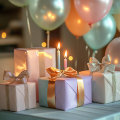 Elegant Gift Box with Decorative Candles on a White Table – Festive Atmosphere for Celebrations or Special Occasions