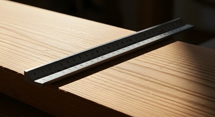 Precise Measurement: A Metal Ruler on Light Brown Wooden Plank, Craftsmanship and Detail in Woodworking
