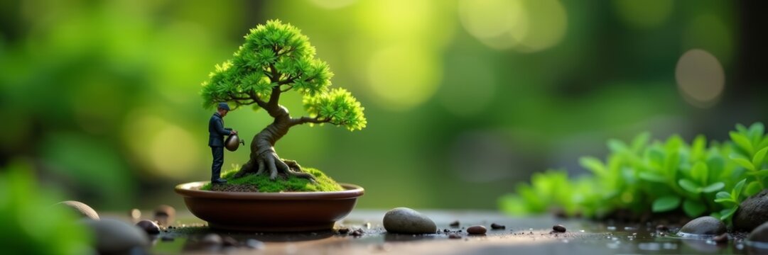 Close-up of tiny figure watering bonsai tree in serene zen garden, tree, serenity