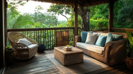 Outdoor balcony with wicker sofa and armchair