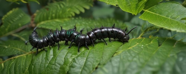 Black caterpillars devouring avocado leaves, close-up, environmental, organic, invertebrate