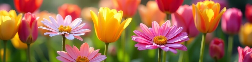 Obraz premium Close-up of vibrant daisies, roses, and tulips in a garden, colorful, spring, bright