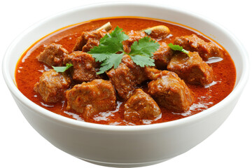 Fototapeta premium Bowl of savory, spiced meat stew in rich sauce, topped with cilantro sprigs. Served in white bowl