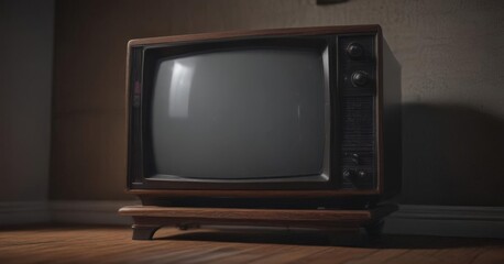 Glowing CRT screen with visible scan lines & static  Antique TV console faintly visible , analog, display, broadcast