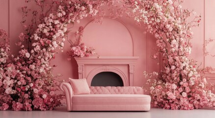 Fototapeta premium A romantic, pink floral arrangement adorns a stylish, tufted chaise lounge.
