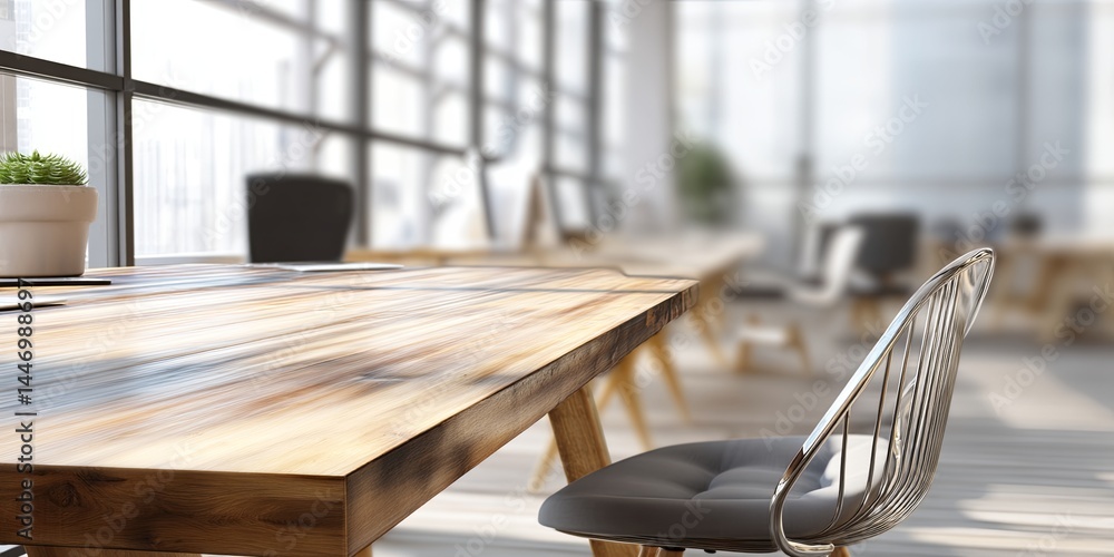 Aufkleber modern bright office interior with blurred background and wooden table surface ideal for business an