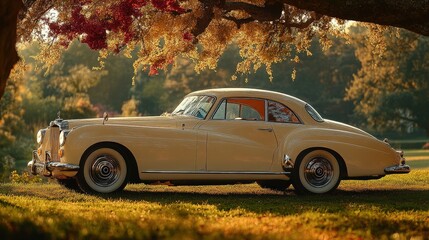 Vintage car parked in a picturesque autumn landscape, refined automotive