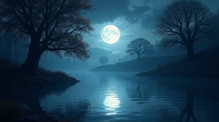 Fototapeta premium Shadow Dance: A Lake's Tranquil Reflection Under the Moon