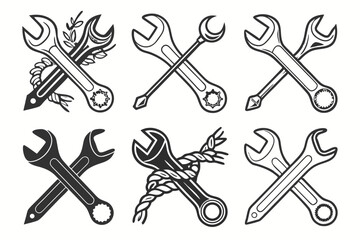set of Crossed Wrenches silhouette vector illustration