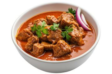 A vibrant dish of tender meat cubes simmered in rich, flavorful sauce with garnish in white bowl