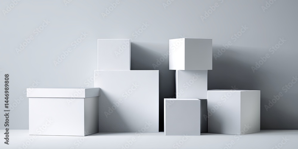 Poster Collection of Empty White Boxes in Various Positions on a Light Gray Background for Creative and Minimalist Design Concepts in Stock Photography