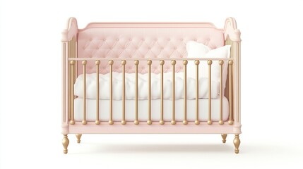 Pink baby crib with gold accents and white bedding.